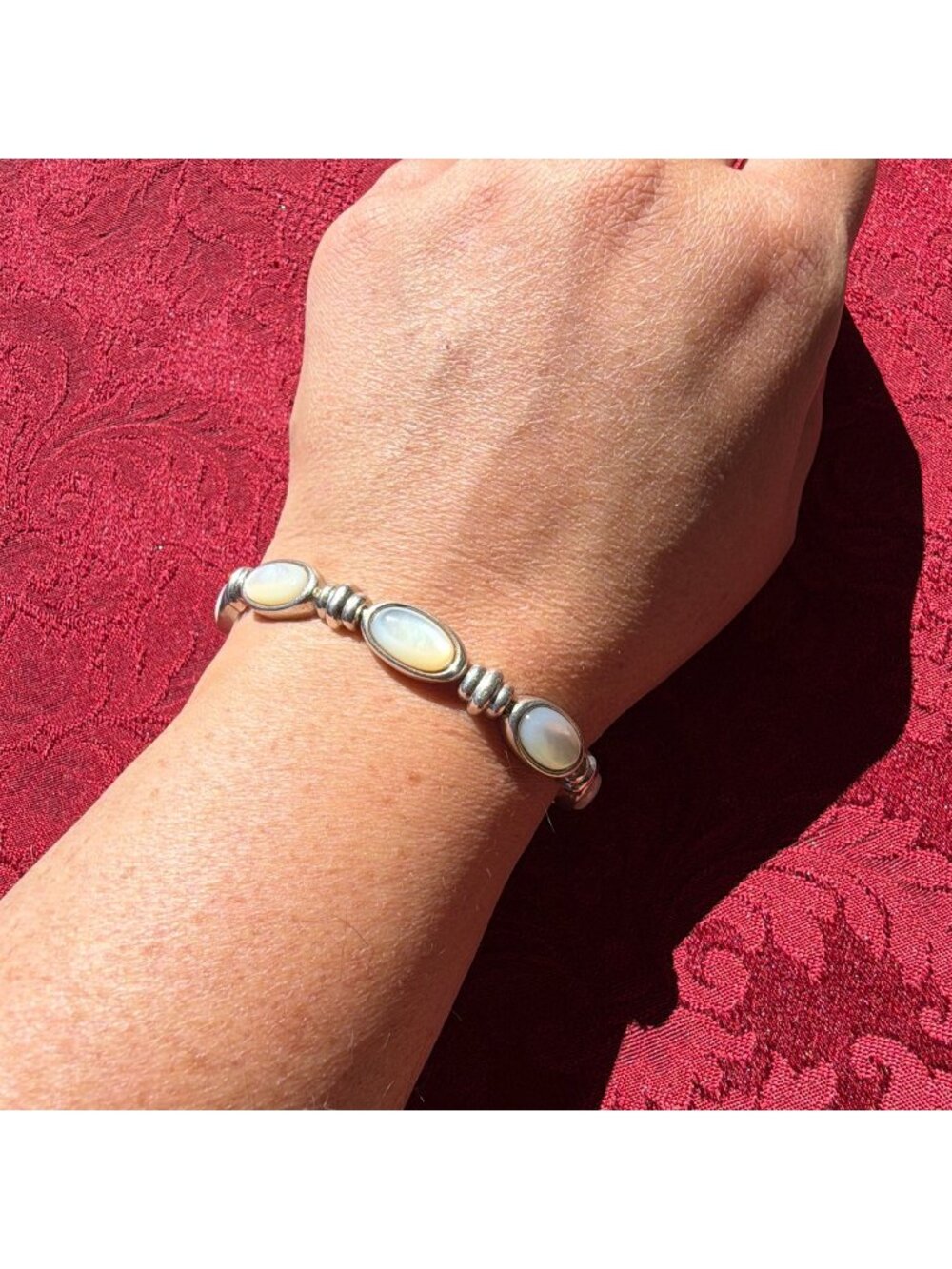 Vintage Sterling Silver 925 Mother of Pearl Oval Ribbed Link Tennis Bracelet 7.5